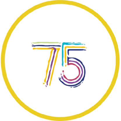 75 Jubiläum_Kreis1 Zahl 75 in gelbem Kreis zum Jubiläum des Landesjugendrings NRW